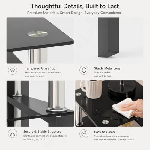 Meihua Tempered Glass End Table, Black Modern Square Side Table with Metal Frame, 2-Tier Glass Accent Table for Living Room, Bedroom, Apartment & Small Spaces - color: Black, size: 1pc