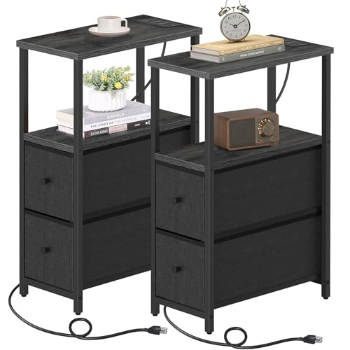 TUTOTAK Small Narrow End Table with Charging Station, Set of 2, Side Table with Outlets, Nightstand with 2 Cloth Drawers, Couch Table, for Living Room, Bedroom, Bedside, Charcoal Grey TB01BY055 - color: Charcoal Grey, style: 2 Drawers & Plug