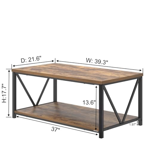 EXCEFUR Modern Coffee Table, Industrial Metal and Wood Living Room Table with Storage Shelf, Rustic Brown - color: Rustic Brown, size: 39 inch