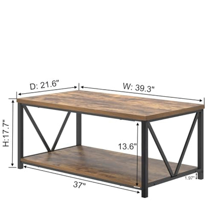 EXCEFUR Modern Coffee Table, Industrial Metal and Wood Living Room Table with Storage Shelf, Rustic Brown - color: Rustic Brown, size: 39 inch