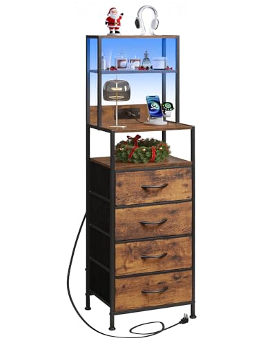 WLIVE Tall Nightstand with Charging Station, LED Night Stand with 4 Drawers and Storage Open Shelves, Fabric Dresser for Bedroom, Office, Rustic Brown - color: Rustic Brown, size: 1 Piece, style: 4 Drawers
