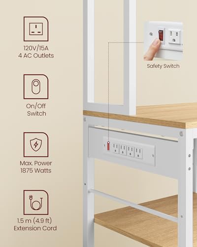 VASAGLE Bakers Rack with Charging Station, Coffee Bar, 15.7 x 31.5 x 71 Inches, Kitchen Microwave Stand, Adjustable Storage Shelves, Fabric Drawer, 12 Hooks, Golden Oak and Cloud White UKKS015Y03 - color: Golden Oak + Cloud White, size: 15.7"D x 31.5"W