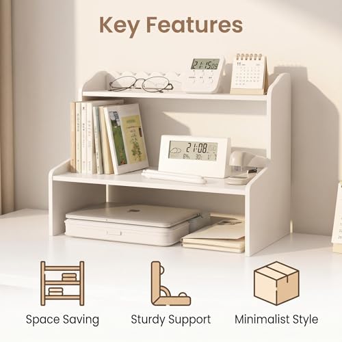 White Desktop Shelf,2-Tier Countertop Organizer with Scalloped Edge,Freestanding Tabletop Storage Rack for Office,Bedroom,Cosmetics,Stationery,Small Items,Space-Saving Display Stand (M)