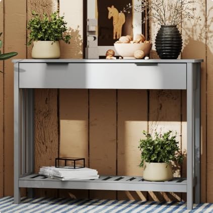 TaoHFE Grey Narrow Console Table with Drawer Storage Shelf, Modern Wooden Entryway Sofa Table, 39 Inch Slim Behind Couch Table, Side Display Console Table for Living Room,Office,Grey - color: Grey