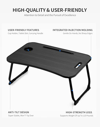ZEAPTAC Laptop Bed Desk, Foldable Lap Desk, Portable Lap Table, Laptop Stand with Cup Holder, Tablet Slot & Lifting Handle for Work, Write, Draw & Eat on Bed, Sofa or Couch - Black Stripe