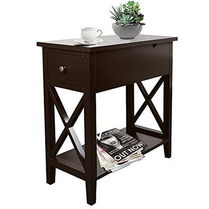 ChooChoo End Table, Flip Top Narrow End Table with Drawer | Narrow Side Table with Flip Top, Accent Small Side Table Nightstand for Living Room, Bedroom, and Small Spaces, Espresso - color: Espresso, size: 1 Pack, style: Without Power