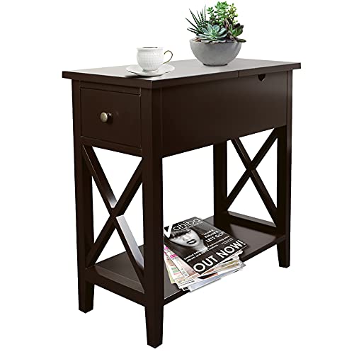 ChooChoo End Table, Flip Top Narrow End Table with Drawer | Narrow Side Table with Flip Top, Accent Small Side Table Nightstand for Living Room, Bedroom, and Small Spaces, Espresso - color: Espresso, size: 1 Pack, style: Without Power