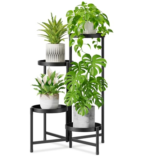 iDavosic.ly 4 Tier Large Plant Stand Indoor with 10 Inch Wide Tray, Tiered Corner Metal Outdoor Flower Display Holder Shelf, Folding Tall Rack for Patio Porch Living Room, Modern Black - color: Black, size: 4 Tiers