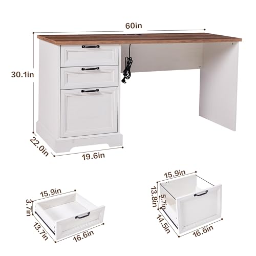 60" Farmhouse Executive Desk with Charging Station,Home Office Desk with 2 Drawers &1 File Cabinet,Wood Work Desk for Office and Home - color: White
