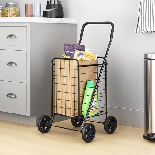Whitmor Foldable Utility Shopping Cart with Wheels, Heavy Duty Metal Grocery Cart, Portable Foam Handle, Rolling Collapsible Trolley for Groceries, Laundry, Storage, Black - size: 19.5"L x 18.5"W x 34.5"H, Black