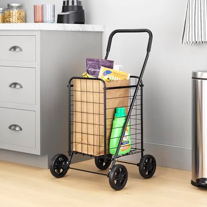 Whitmor Foldable Utility Shopping Cart with Wheels, Heavy Duty Metal Grocery Cart, Portable Foam Handle, Rolling Collapsible Trolley for Groceries, Laundry, Storage, Black - size: 19.5"L x 18.5"W x 34.5"H, Black
