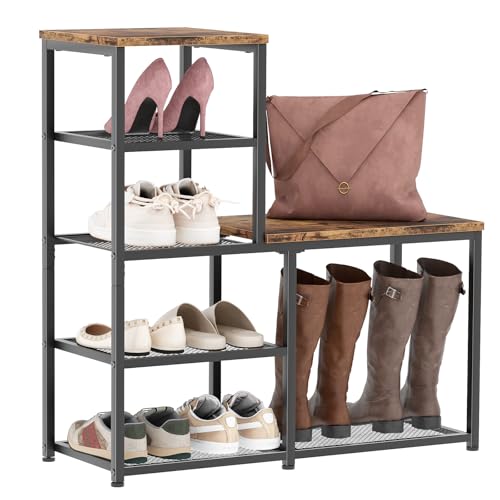 Shoe Rack Bench for Entryway,Free Standing Shoe Storage Organizer for Front Door Entrance,4-Tier Boot Rack Holder Shelf for Closet with Seat,Sturdy Shoe Shelves for High Heels(Brown) - size: 4 Tier