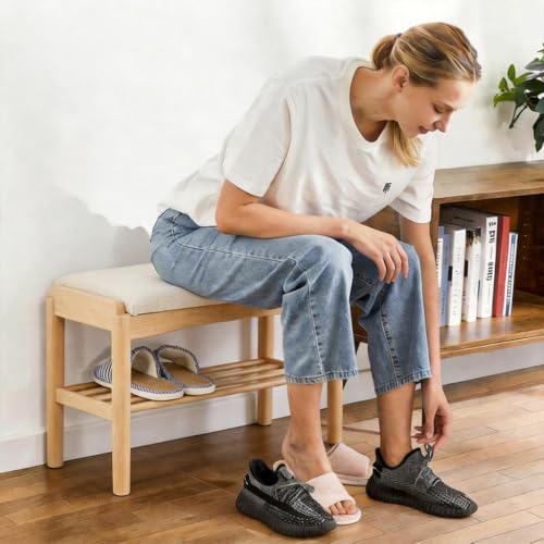 Oak Wood Shoe Bench, 24 Inch Entryway Bench with Light Gray Cushion | Natural oak finish with visible grain and light gray cushion creates a Scandinavian-inspired entryway seat. - color: Natural + Light Gray Cushion, size: 23.62"