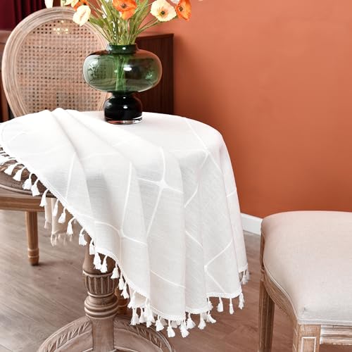 Plaid Round Tablecloth 48 Inch Cotton Linen Round Table Cloth - color: Off-white, size: 48" (Round)
