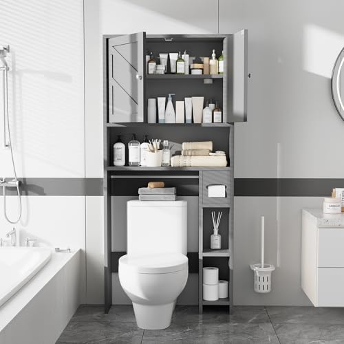 Farmhouse Storage Cabinet Over Toilet with Toilet Paper Holder Stand, Freestanding Bathroom Storage Organizer Cabinet, Grey - color: Grey