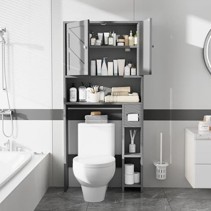 Farmhouse Storage Cabinet Over Toilet with Toilet Paper Holder Stand, Freestanding Bathroom Storage Organizer Cabinet, Grey - color: Grey