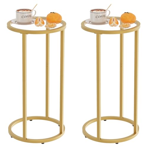 Easy Paws C Table Side End Table,Glass Couch Side Tables for Living Room, Round Sofa End Table with Metal Frame, Small Snack Table for Bedroom, Small Spaces, Easy Assembly (Gold,2pcs) - color: Gold