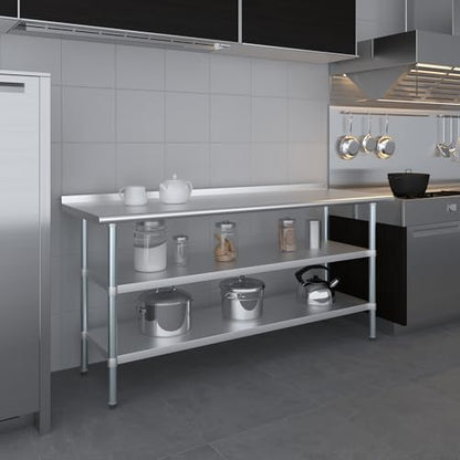 AmGood Stainless Steel Work Table with 1.5" Backsplash and 2 Shelves | Metal Kitchen Food Prep Table | NSF (72" Long x 24" Deep) - size: 72" Long x 24" Deep