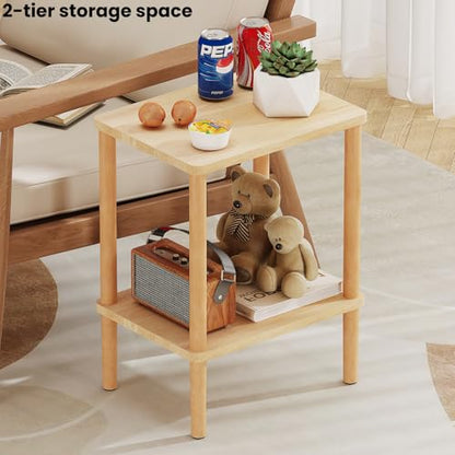 Solid Wood Side Table, Small End Table, Narrow Nightstand Bedside Table | 2-Tiers Real Oak Wood Table for Small Spaces, Bedroom, Living Room, Farmhouse, No-Tool Assembly.