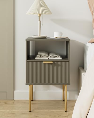 Nightstand,Modern Bedside Table with Gold Frame,Grey Night Stand,Bedside Furniture, Modern Side Table with Drawer and Shelf for Bedroom,Living Room (Grey) - color: Grey