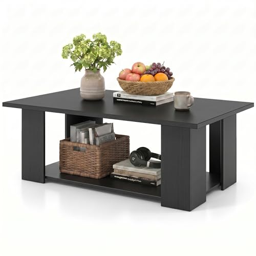 POWERSTONE 41 Inch 2-Tier Coffee Table with Storage Shelf, Wood Farmhouse Center Table with L Legs & Extra Bottom Support for Living Room, Black - color: Black