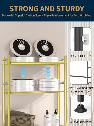3-Tier Over The Toilet Storage, Freestanding Metal Bathroom Organizer with 4 Hooks & Anti-Tilt Kits, Heavy Duty Space Saver Shelf for Bathroom/Kitchen/Living Room, Gold