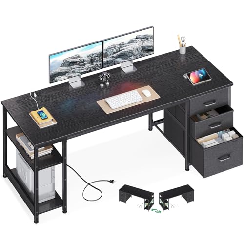 AODK 63 Inch Computer Desk with Drawers & USB Power Outlets | Reversible Home Office Desk with Storage Shelves, Work from Home, Modern Work/Writing/Study Table for Bedroom, Black - color: Black, size: 63 Inch