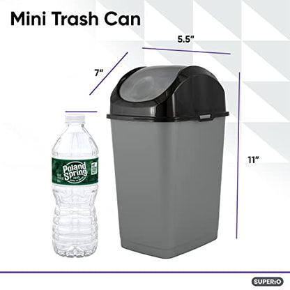 Superio Mini Plastic Trash Can with Swing Top Lid 1.25 Gallon Compact Small Waste Bin Portable Garbage Can for Countertop, Desktop, Make up Vanity, Bathroom, Car, Under Sink, Dorm 5 Qt (Grey/Black, 2) - size: 1.25 Gallon