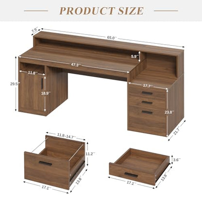 YOMILUVE Computer Desk with 3 Drawers & Storage Shelves, 65 Inch Home Office Desk with File Drawer & Cabinet, Writing Study Desks with Monitor Stand & Printer Shelf, Executive Desk, Brown - color: Brown