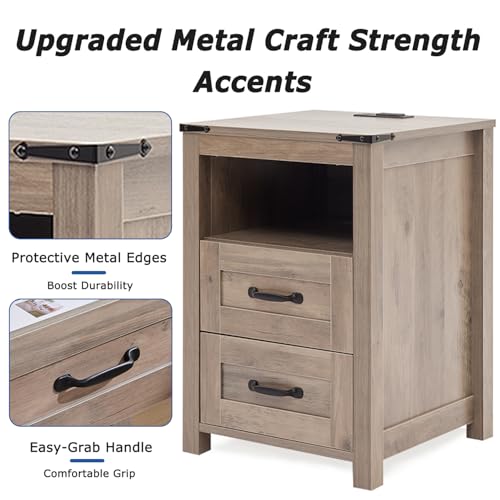 Farmhouse Night Stand, Rustic Sierra Nightstand for Bedroom, End Tables with Charging Station, Bedside Table with Drawers, Wood Bedside Cabinet Dresser - color: Sierra, size: 1pcs with Charging