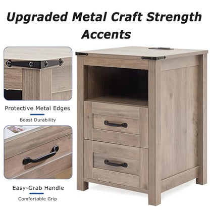 Farmhouse Night Stand, Rustic Sierra Nightstand for Bedroom, End Tables with Charging Station, Bedside Table with Drawers, Wood Bedside Cabinet Dresser - color: Sierra, size: 1pcs with Charging