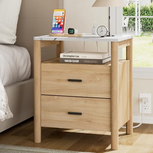 Night Stand, 20" Wide Nightstand, Modern Large Nightstand with Charging Station & Faux Marble Top, 2 Drawer End Table with Solid Round Post Legs, Bedside Table for Bedroom, Natural Oak - color: Natural Oak + Faux Marble Top, size: 20''W x 15.7'D x 24''H (