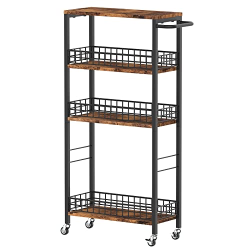 NOVIMANGO Slim Storage Cart Narrow Laundry Cart 4 Tier, Black | Rolling Kitchen Cart with Wheels, Narrow Bathroom Cart, with Handle for Small Spaces, with Wood Tabletop - color: Brown