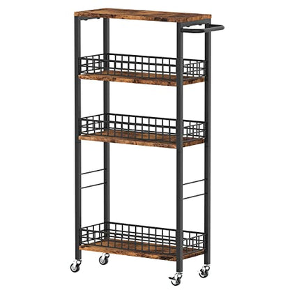 NOVIMANGO Slim Storage Cart Narrow Laundry Cart 4 Tier, Black | Rolling Kitchen Cart with Wheels, Narrow Bathroom Cart, with Handle for Small Spaces, with Wood Tabletop - color: Brown