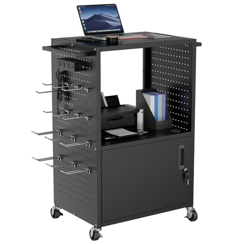 Mobile AV Cart, Heavy Duty Rolling Computer Cart with Push Handle & Hooks – Locking Cabinet, Pegboard, 4 Outlets, Lock Brake Casters – Media Utility Cart on Wheels for Office/Classroom - size: Style 2 18"D x 32"W x 40.5"H