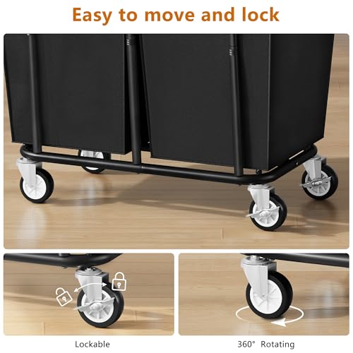 Gewudraw 2 Bag Laundry Hamper with Wheels Medium Size, 250L, Black | Rolling Laundry Basket, Steel Frame, Removable Liner, Heavy Duty Rolling Laundry Cart with Handle for Laundry Room, Bathroom - color: Black, size: 2-Section-250L