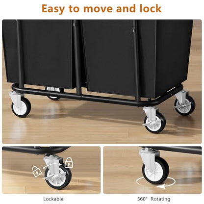 Gewudraw 2 Bag Laundry Hamper with Wheels Medium Size, 250L, Black | Rolling Laundry Basket, Steel Frame, Removable Liner, Heavy Duty Rolling Laundry Cart with Handle for Laundry Room, Bathroom - color: Black, size: 2-Section-250L
