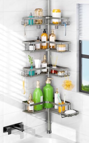 HAMITOR Shower Caddy Tension Pole: 4-Tier Corner Bathroom Organizer Shelf with Soap Holder & Hooks - No-Drill Adjustable Standing Storage Rack for Apartment Renters - 47-123 Inch Silver Gray - color: Silver Gray