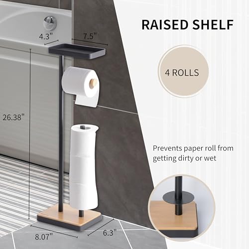 Clasin Home Toilet Paper Holder Stand, Free Standing Toilet Paper Holder with Storage and Top Shelf, Black Toilet Paper Stand Weighted Base with Bamboo Design for Bathroom - color: Black With Bamboo Base