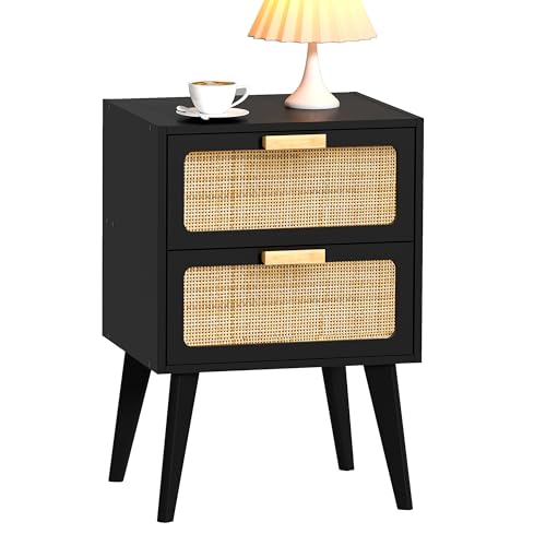 YAUKOMEL Black Nightstand, Wood End Table, Side Table with 2 Hand Made Rattan Decorated Drawers,Boho Bedside Table,Wood Accent Table with Storage for Livingroom, Bedroom, Black CTG59B - color: Black, style: Rattan Style