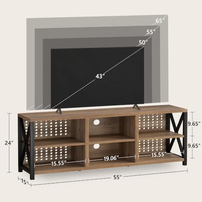 LVB Rustic Entertainment Center for 65 Inch TV, Industrial Wood and Metal TV Stand with Storage Shelf, Modern Television Media Console Table with Cabinet for Living Room Bedroom, Rustic Oak, 55 Inch - color: Rustic Oak
