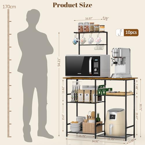 3IngSeagulls Baker's Rack for Kitchen with Storage, Microwave Stand with Adjustable Shelves and 10 S Hooks, 6-Tier Coffee Bar Station, Kitchen Shelves for Spices, Pots, Rustic Brown - color: Brown