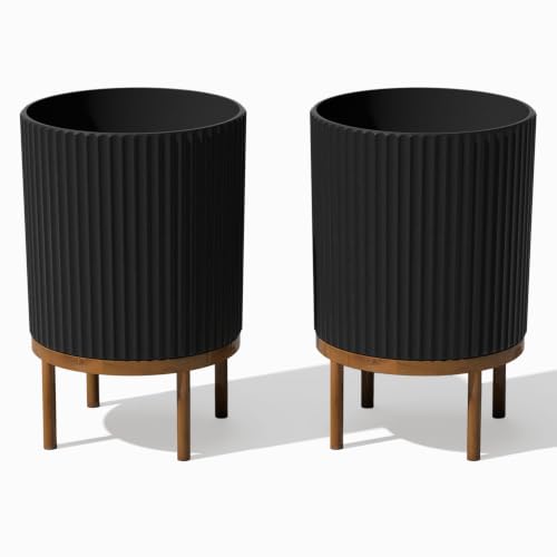 Veradek Demi Series Raised Planter - Round Planter with Stand | Made From a Durable Plastic-Stone Composite & Comes With Wooden Stand. Modern Porch/Patio Décor - color: Black/Brown, size: 12 inch - 2 Pack