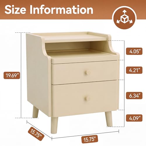 Nightstand with Drawers, Pre-Assembled, 19.7" H Natural Solid Wood Night Stand with Open Sliding Shelf, Mid Century Modern Small Bedside Table Cabinet for Bedroom, Cream 16" - color: Cream, size: 16"