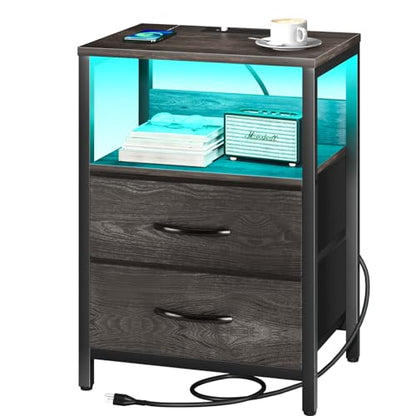 Yoobure Nightstand with Charging Station, LED Night Stand with Fabric Drawers and Storage Shelf for Bedroom, Nightstands Bedside Tables with USB Ports & Outlets, Small Night Stands, Bed Side Table - color: Charcoal Gray