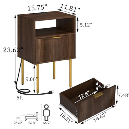 JOONEE Nightstand with Outlet and Led Light, Bedside Table with Storage Drawer, Fluted Side Table for Living Room, Bedroom - color: Walnut Brown