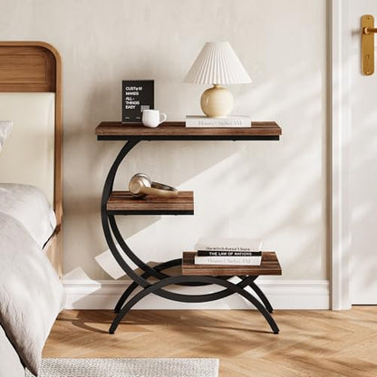 LITTLE TREE End Table, Narrow End Table with 3 Storage Shelves, Industrial C-Shaped Small Sofa Side Table for Living Room, Wood Slim Snack Table with Black Metal Frame, Rustic Brown - color: Rustic Brown