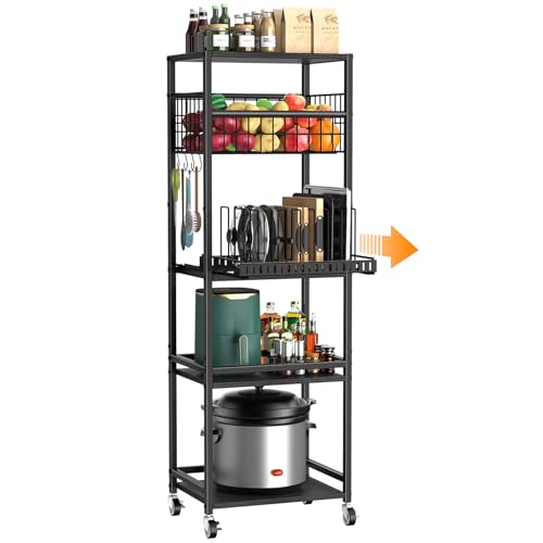 Housolution 5 Tier Kitchen Rolling Cart, Storage Cart with Metal Fruit Vegetable Basket and Pull-Out Pot Lid Cutting Board Organizer, Storage Rack with Wooden Top for Kitchen, Pantry, Bathroom - color: Black