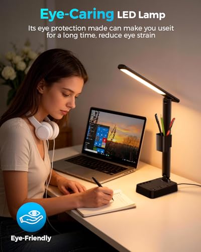 LED Desk Lamp with Power Strip, 3 AC Outlets & 4 USB Ports (2 USB-C), Stepless Dimming & 2800K-6500K Eye-Caring Desk Light, Foldable Table Lamp for Home Office, Dorm Room Essentials(10FT) - color: Black,10FT