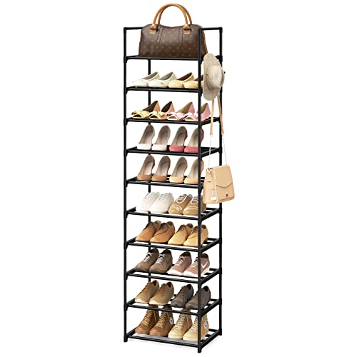 Narrow Shoe Rack 10 Tiers Tall Shoe Rack for Entryway Closet 20 24 Pairs Shoe & Boots Organizer Storage Shelf Durable Black Metal Stackable Shoe Cabinet with Hooks, 17.1D x 11.8W x 78.7H in - color: Black